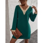 Swiss Dot Contrast Guipure Lace V Neck Dress