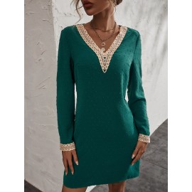 Swiss Dot Contrast Guipure Lace V Neck Dress