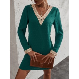 Swiss Dot Contrast Guipure Lace V Neck Dress