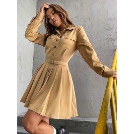 Button Front Pleated Hem Belted Shirt Dress