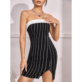 Contrast Trim Split Hem Tube Dress