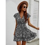 Floral Surplice Neck Layered Hem Belted Dress