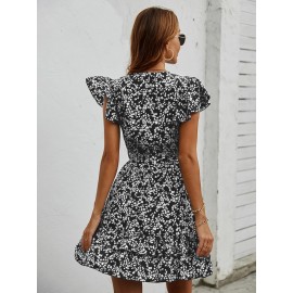 Floral Surplice Neck Layered Hem Belted Dress