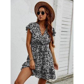 Floral Surplice Neck Layered Hem Belted Dress