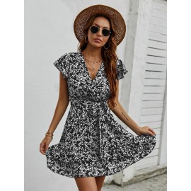 Floral Surplice Neck Layered Hem Belted Dress