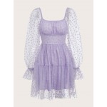 Heart Print Ruched Bust Shirred Back Mesh Overlay Dress