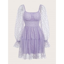 Heart Print Ruched Bust Shirred Back Mesh Overlay Dress