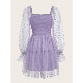 Heart Print Ruched Bust Shirred Back Mesh Overlay Dress