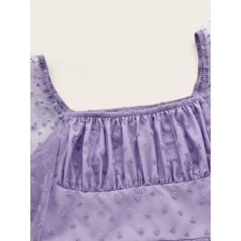 Heart Print Ruched Bust Shirred Back Mesh Overlay Dress