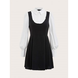 Two Tone 2 In 1 Lantern Sleeve Frill Trim Shirt Dress