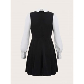 Two Tone 2 In 1 Lantern Sleeve Frill Trim Shirt Dress