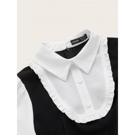 Two Tone 2 In 1 Lantern Sleeve Frill Trim Shirt Dress