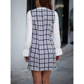Houndstooth Print Frill Neck Flounce Sleeve Fitted Dress