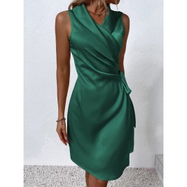 Shawl Collar Wrap Knot Side Satin Dress