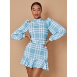 Plaid Print Puff Sleeve Ruffle Hem Belted Dress
