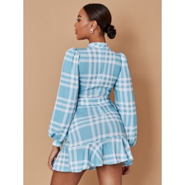 Plaid Print Puff Sleeve Ruffle Hem Belted Dress