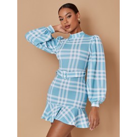 Plaid Print Puff Sleeve Ruffle Hem Belted Dress