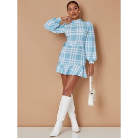 Plaid Print Puff Sleeve Ruffle Hem Belted Dress