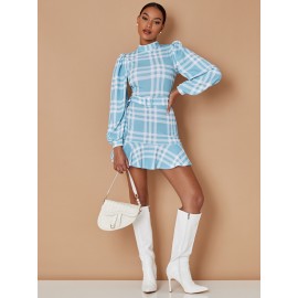 Plaid Print Puff Sleeve Ruffle Hem Belted Dress
