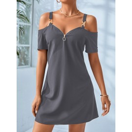 Cold Shoulder Chain Detail Zip Front Dress
