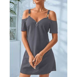 Cold Shoulder Chain Detail Zip Front Dress