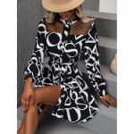 Allover Letter Graphic Contrast Mesh Bishop Sleeve Belted Shirt Dress