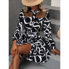 Allover Letter Graphic Contrast Mesh Bishop Sleeve Belted Shirt Dress