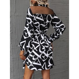 Allover Letter Graphic Contrast Mesh Bishop Sleeve Belted Shirt Dress