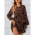Allover Print Lantern Sleeve Belted Dress