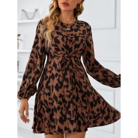 Allover Print Lantern Sleeve Belted Dress