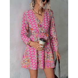 Surplice Neck Floral Print Belted Dress