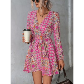 Surplice Neck Floral Print Belted Dress