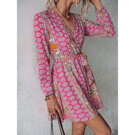 Surplice Neck Floral Print Belted Dress