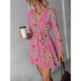 Surplice Neck Floral Print Belted Dress