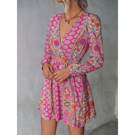 Surplice Neck Floral Print Belted Dress