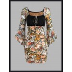 Grunge Floral Print Tie Front Flounce Sleeve Mesh Dress
