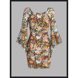 Grunge Floral Print Tie Front Flounce Sleeve Mesh Dress