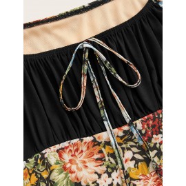 Grunge Floral Print Tie Front Flounce Sleeve Mesh Dress