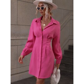 Drop Shoulder Fold Pleated Hidden Button Shirt Dress
