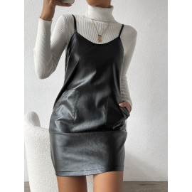 Slant Pockets PU  Dress Without Sweater