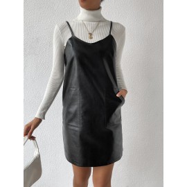 Slant Pockets PU  Dress Without Sweater