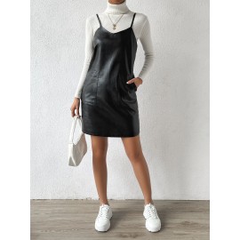 Slant Pockets PU  Dress Without Sweater