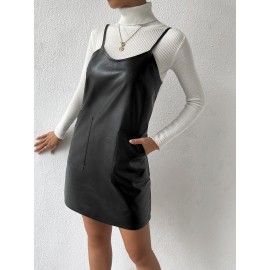 Slant Pockets PU  Dress Without Sweater