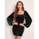 Lantern Sleeve Ruched Velvet Bodycon Dress