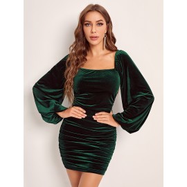 Lantern Sleeve Ruched Velvet Bodycon Dress