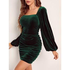 Lantern Sleeve Ruched Velvet Bodycon Dress