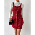 Button Front Raw Hem Tweed Overall Dress Without Sweater