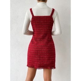 Button Front Raw Hem Tweed Overall Dress Without Sweater