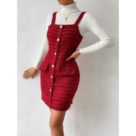 Button Front Raw Hem Tweed Overall Dress Without Sweater