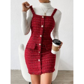 Button Front Raw Hem Tweed Overall Dress Without Sweater
